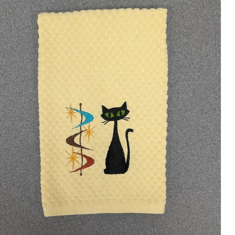 Mid Mod Retro Cat Flying Saucers Kitchen Bar Tea Hand Towel Great Gift Idea!